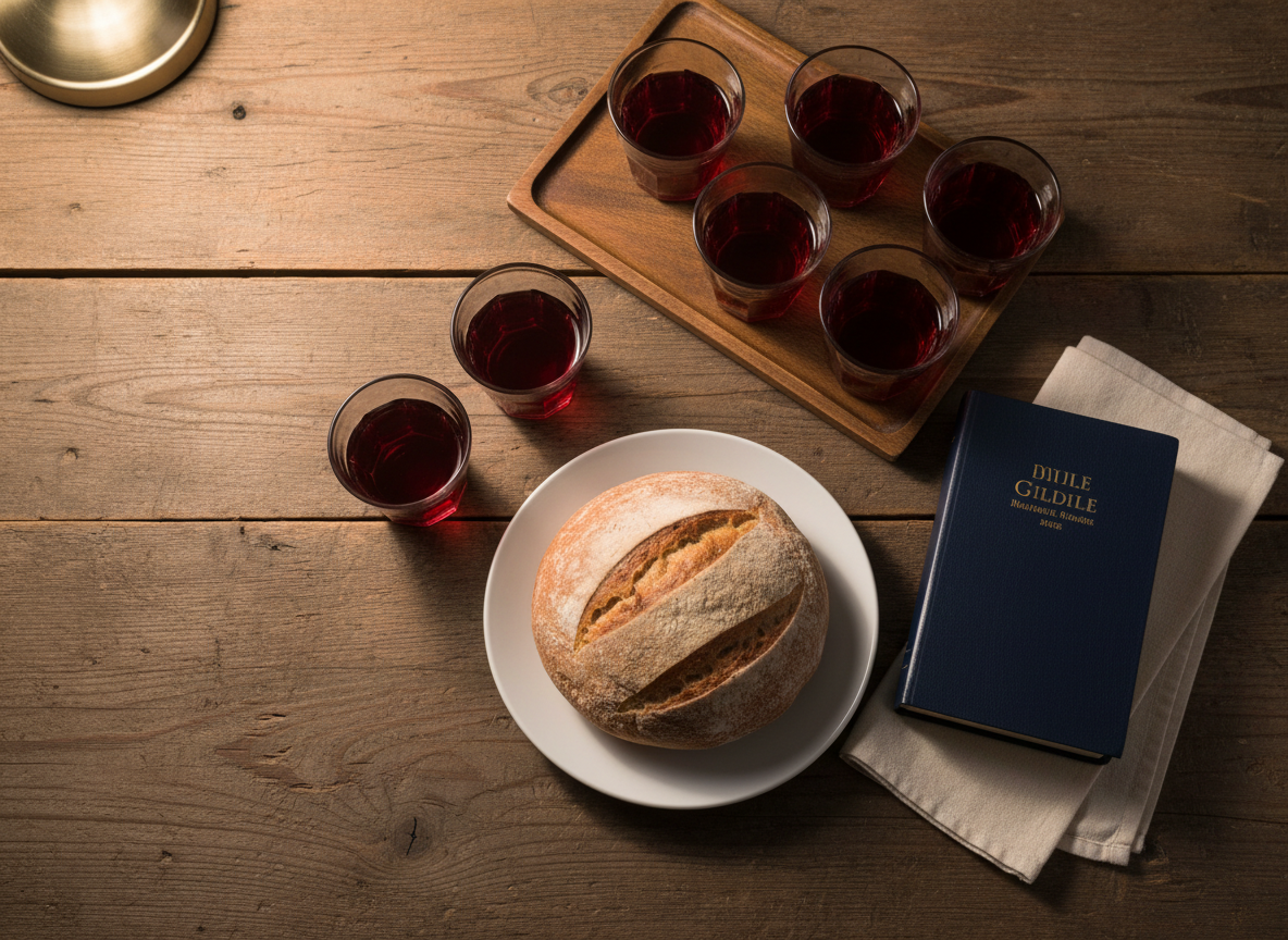 An overhead, photographic realism view of a sturdy farmhouse table captures a communal meal prepared for a house church gathering. A simple, round loaf of rustic bread sits on a plain white stoneware plate, next to a small dark-wood tray holding several clear glass cups filled with deep red grape juice. Nearby, a closed, navy-blue Bible with gold-edged pages rests beside a folded linen napkin. Soft, diffused evening light from a nearby lamp creates gentle highlights on the glass and subtle shadows around the bread, evoking warmth and reverence. The composition uses asymmetrical balance, leaving some empty tabletop space for breathing room. The atmosphere feels humble, sacred, and welcoming, visually communicating fellowship, breaking of bread, and remembrance of Christ in an intimate home environment.