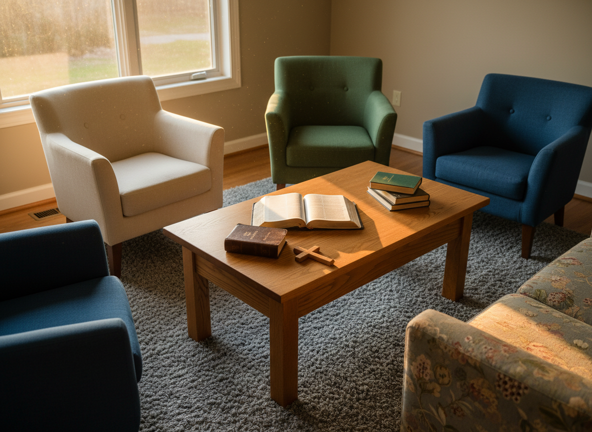 A warmly lit living room corner is arranged as a simple house church meeting space, with a low, solid oak coffee table at the center holding an open Bible, a small wooden cross, and a neatly stacked set of well-used hymnals. Around the table, mismatched but cozy upholstered chairs and a soft gray rug create an intimate circle. Golden hour sunlight streams in from a nearby window, illuminating floating dust motes and creating a peaceful, reverent atmosphere. The scene is captured in photographic realism from a slightly elevated angle, using the rule of thirds to place the table off-center, with sharp focus throughout. The overall mood is professional yet homelike, symbolizing shared life and Christ-centered fellowship in an ordinary home setting.