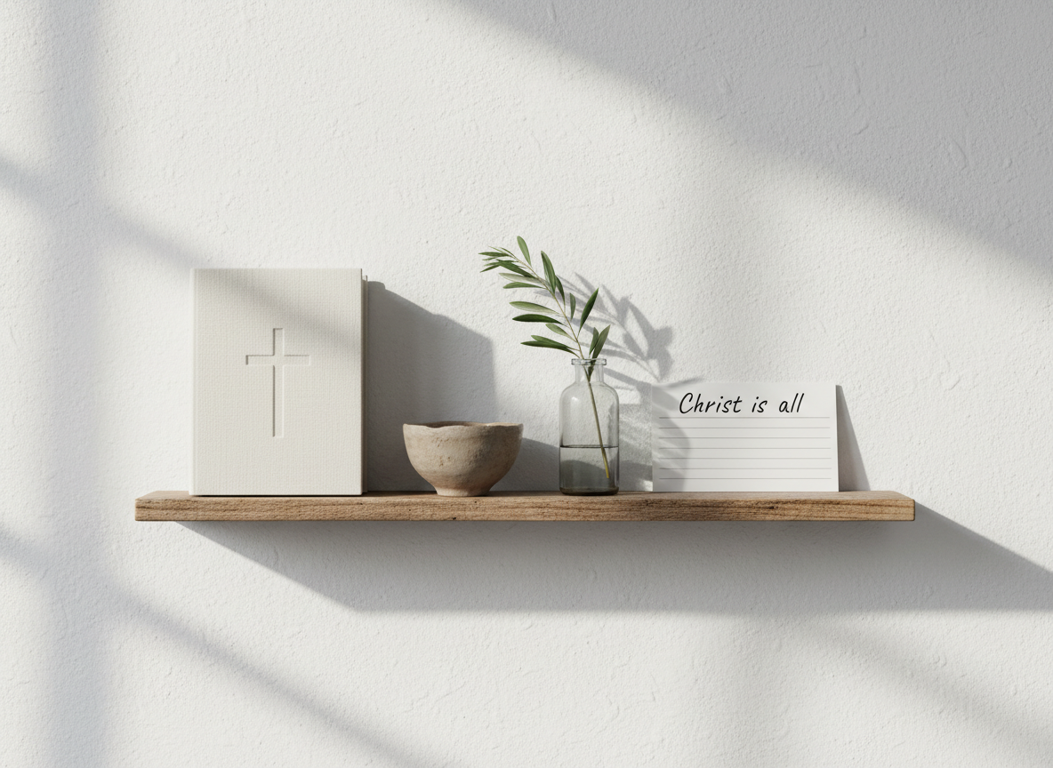 A simple, rustic wooden shelf mounted on a soft white wall displays a carefully arranged collection of faith-centered objects: a closed linen-textured Bible with a subtle embossed cross, a small unglazed clay bowl, a clear glass jar with a single olive branch, and a handwritten index card that reads “Christ is all” in tidy script. Diffused afternoon light from an unseen window gently washes the scene, producing soft, wraparound shadows and a serene, contemplative glow. Photographic realism, shot straight-on at eye level with a minimalist composition and ample negative space above and to the sides, creates a clean, modern aesthetic. The mood is quiet, reverent, and thoughtful, visually expressing the eternal purpose of God in Christ in a restrained, professional style suited for a non-profit ministry site.