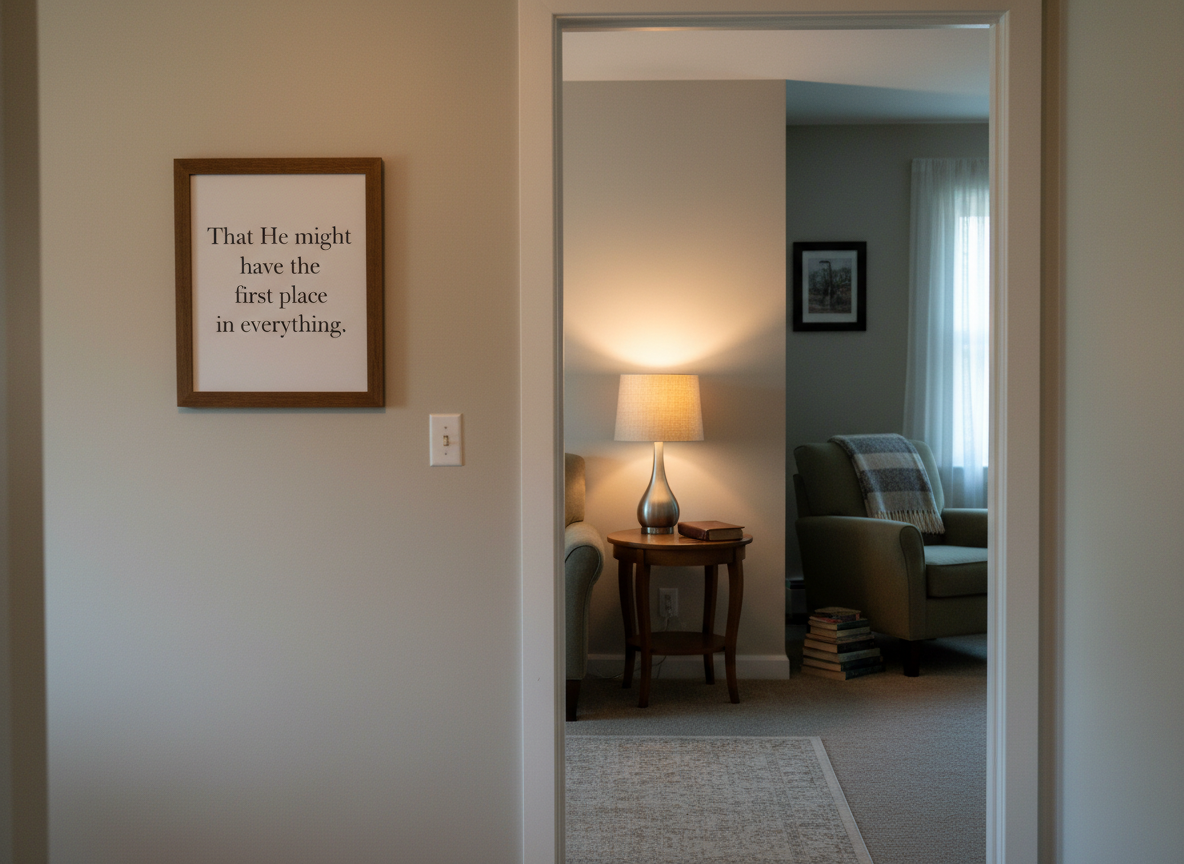 A quiet hallway in a modest home leads toward an open doorway, where a softly lit living room has been prepared for a time of worship and fellowship. On the wall closest to the viewer hangs a simple framed print with the words “That He might have the first place in everything” in understated serif lettering. Inside the room, visible through the doorway, a small wooden side table holds a closed Bible and a single lit lamp with a linen shade, casting a warm pool of light. The rest of the space is gently illuminated by late-afternoon ambient light, with muted colors and soft textures. Photographic realism, captured from a slightly low angle with deep focus, creates a contemplative, inviting mood that emphasizes Christ-centered purpose within an ordinary home.