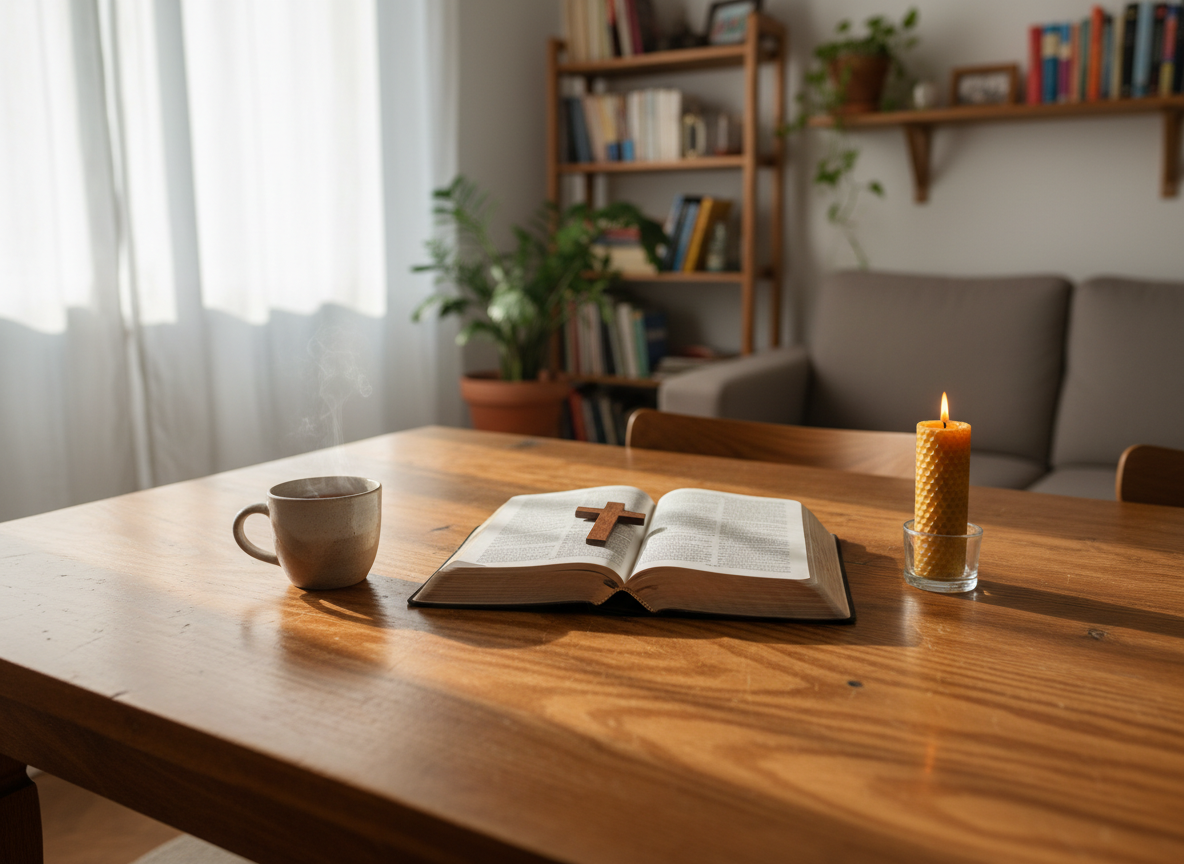 A well-worn wooden dining table with a richly grained, honey-brown surface stands at the center of a simple, sunlit living room. An open, leather-bound Bible lies in the middle, its thin pages slightly curled, surrounded by a small ceramic mug of tea, a simple cross-shaped bookmark, and a single lit beeswax candle in a plain glass holder. Soft morning light filters through sheer white curtains, casting gentle, elongated shadows and a warm glow across the table. Photographic realism, shot at eye level with a shallow depth of field, keeps the Bible in sharp focus while the neutral-toned sofa, bookshelves, and houseplants in the background blur softly, creating a calm, Christ-centered, inviting mood suitable for a house church gathering.