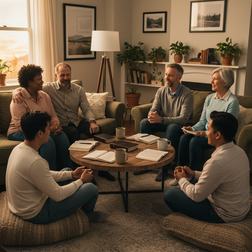 A warm, inviting house church gathering in a simple living room: a small group of 4–6 diverse adults sitting in a loose circle on a sofa and chairs around a low wooden coffee table, with open Bibles, notebooks, and mugs of tea. Soft evening light from a nearby lamp and window, relaxed conversation and prayerful posture, no stage or pulpit, just friends sharing life and Scripture together. Photographic realism, calm and welcoming, suitable for a home-based Christian fellowship website.