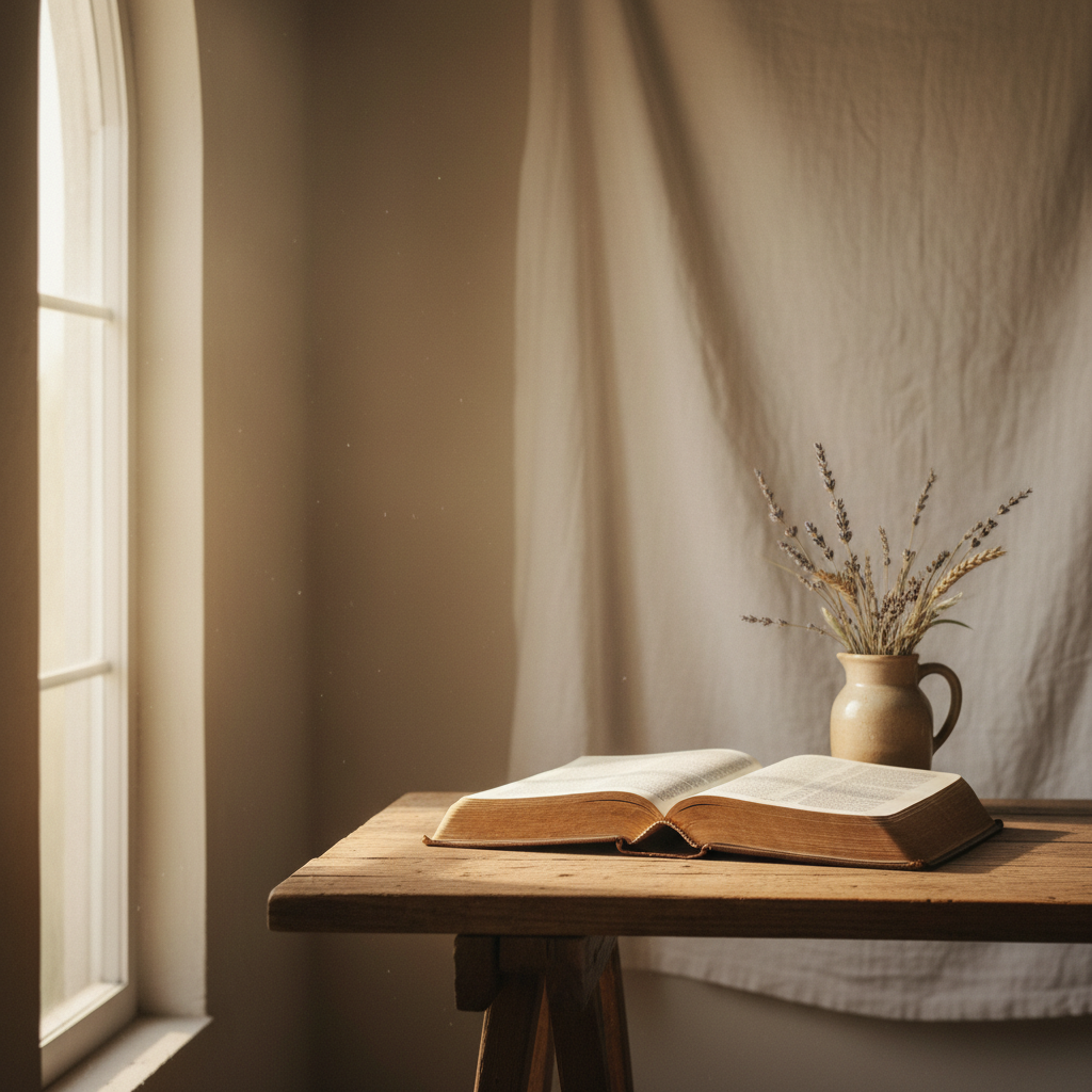 Warm, rustic, faith-focused scene that fits the Bethany Rediscovered site: an open Bible on a simple wooden table with soft natural window light, neutral earthy tones, no people, no text, minimalist and calm, photographic style.