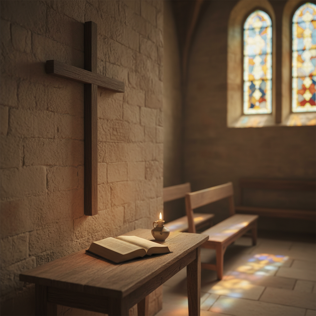 Warm, rustic church interior scene featuring a simple wooden cross, an open Bible on a wooden surface, and softly glowing stained glass in the background. Neutral earthy tones, soft natural light, no people, no text, minimalist and calm, photographic style to match the Bethany Rediscovered site theme.