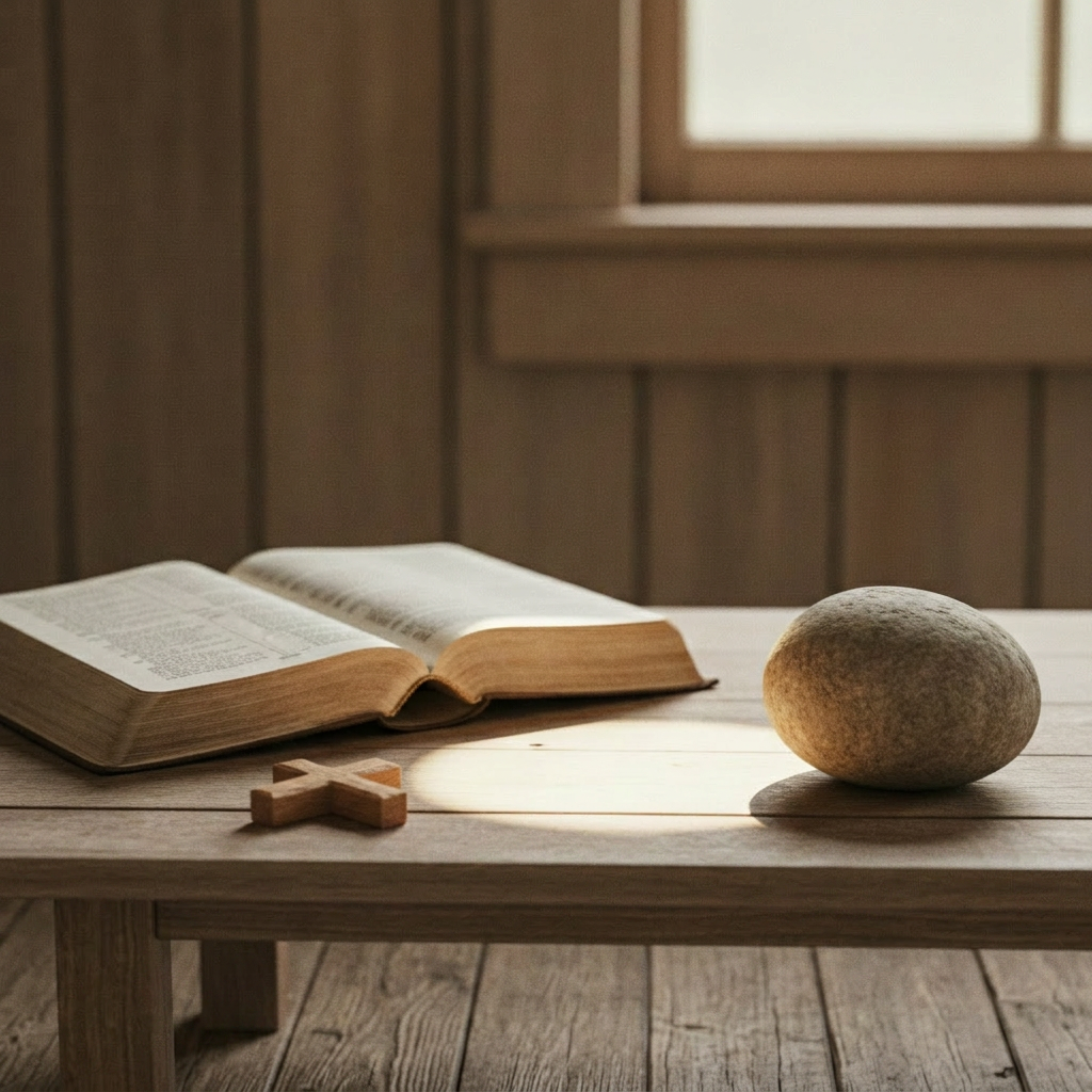 Warm, rustic, faith-focused square photograph that matches the existing Bethany Rediscovered imagery, symbolizing the life, death, and resurrection of Jesus: on a simple wooden table sits an open Bible, a small wooden cross lying beside it, and a round stone pushed slightly away from a soft pool of light, hinting at the stone rolled from the tomb. Gentle natural window light streams in from the side, with neutral earthy tones, shallow depth of field, no people, no visible text, minimalist and calm, photographic realism.