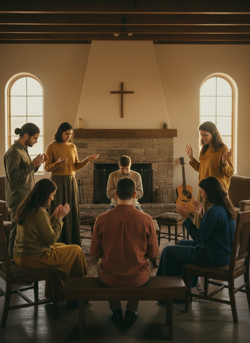Make this existing portrait-style image of people gathered in worship and prayer slightly brighter while keeping the same warm, rustic look and natural contrast.