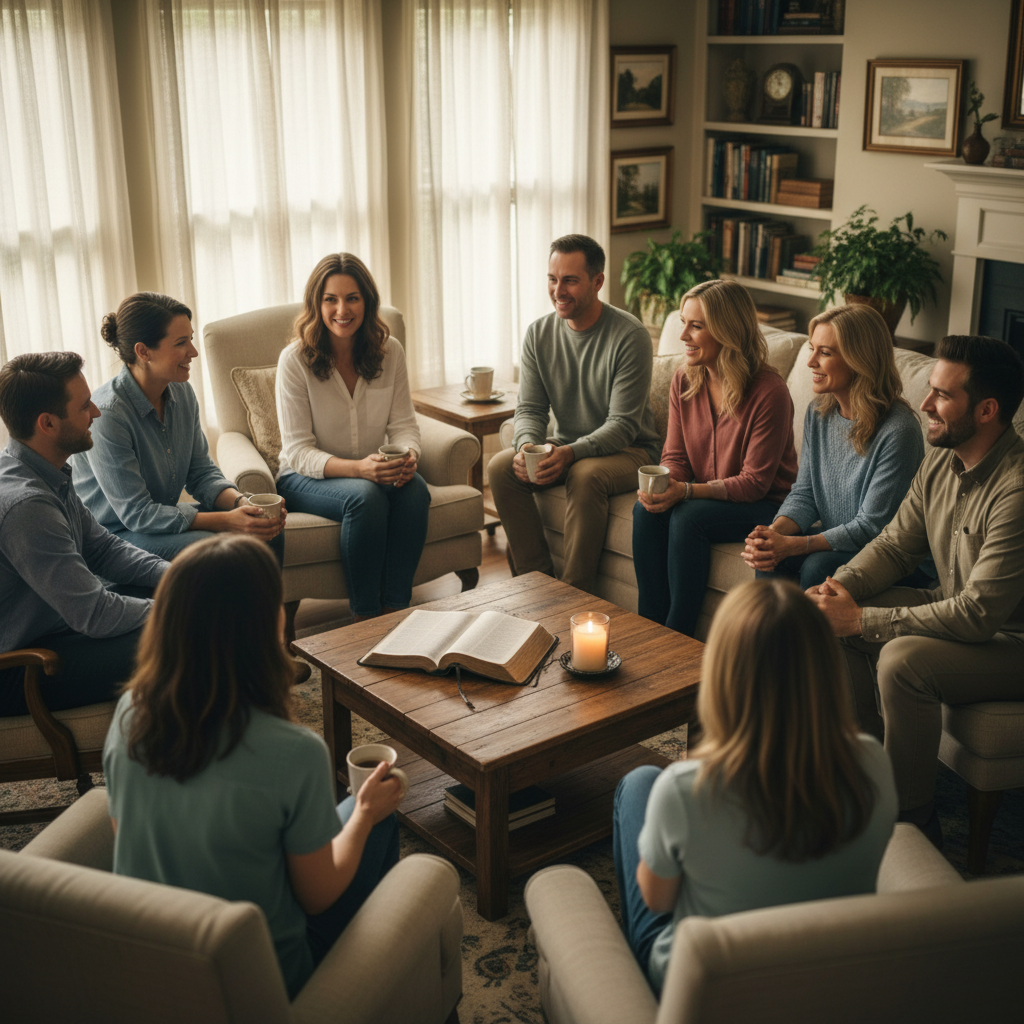 A small group of 6–8 people gathered in a cozy living room, sitting in a circle on simple chairs and a sofa, warmly engaged in conversation and getting to know one another. An open Bible rests on a coffee table in the center with a soft candle glowing nearby. Natural morning light filters through sheer curtains, creating a warm, inviting atmosphere. Photographic realism, eye-level perspective, shallow depth of field, neutral earth tones, calm and Christ-centered mood consistent with the site’s other images.