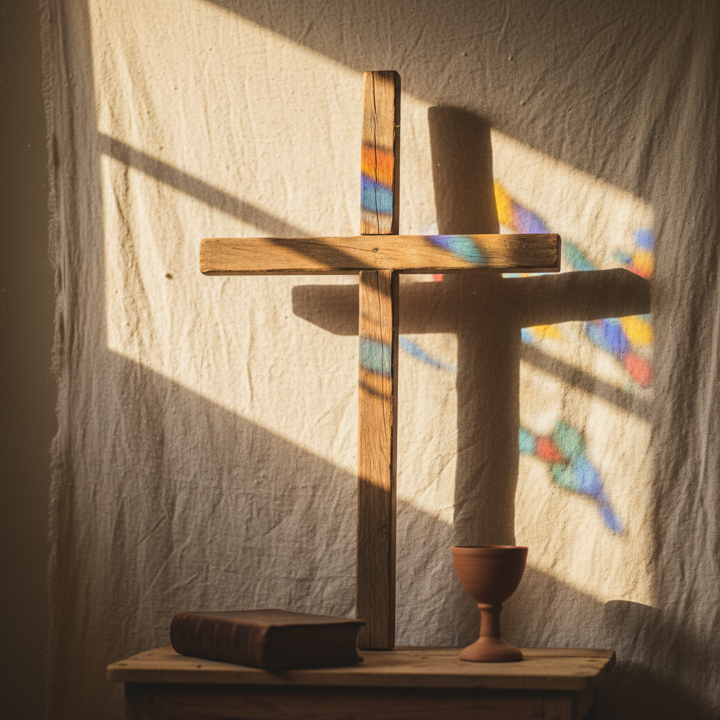 A photographic, realistic image of a simple wooden cross softly lit by warm natural light, set against a neutral textured background. Subtle hints of stained glass light patterns cast gentle colors across the scene, but no church building is visible. The composition feels reverent, humble, and intimate, matching a house church theme. The style should look like a real photograph with soft focus and natural shadows, warm tones, and quiet atmosphere.