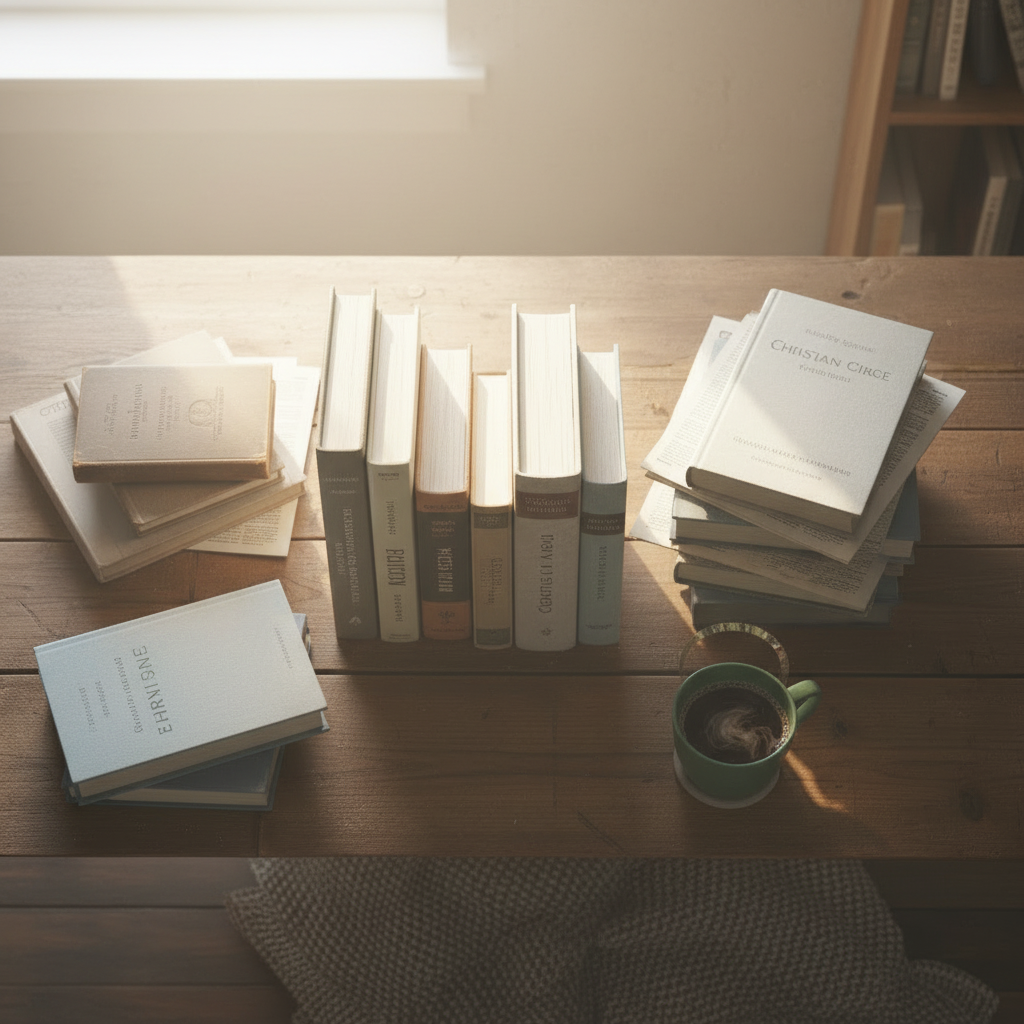 A bright, airy photographic realism scene featuring multiple stacks of Christian books and printed articles arranged neatly with more negative space and less visible table surface. The composition focuses on vertically stacked books with varied heights, soft natural daylight streaming in, minimal shadows, and a clean, uncluttered background. Light neutral tones, warm but brighter than before, with an inviting, peaceful, study-oriented atmosphere that matches a humble house-church aesthetic. Square composition.